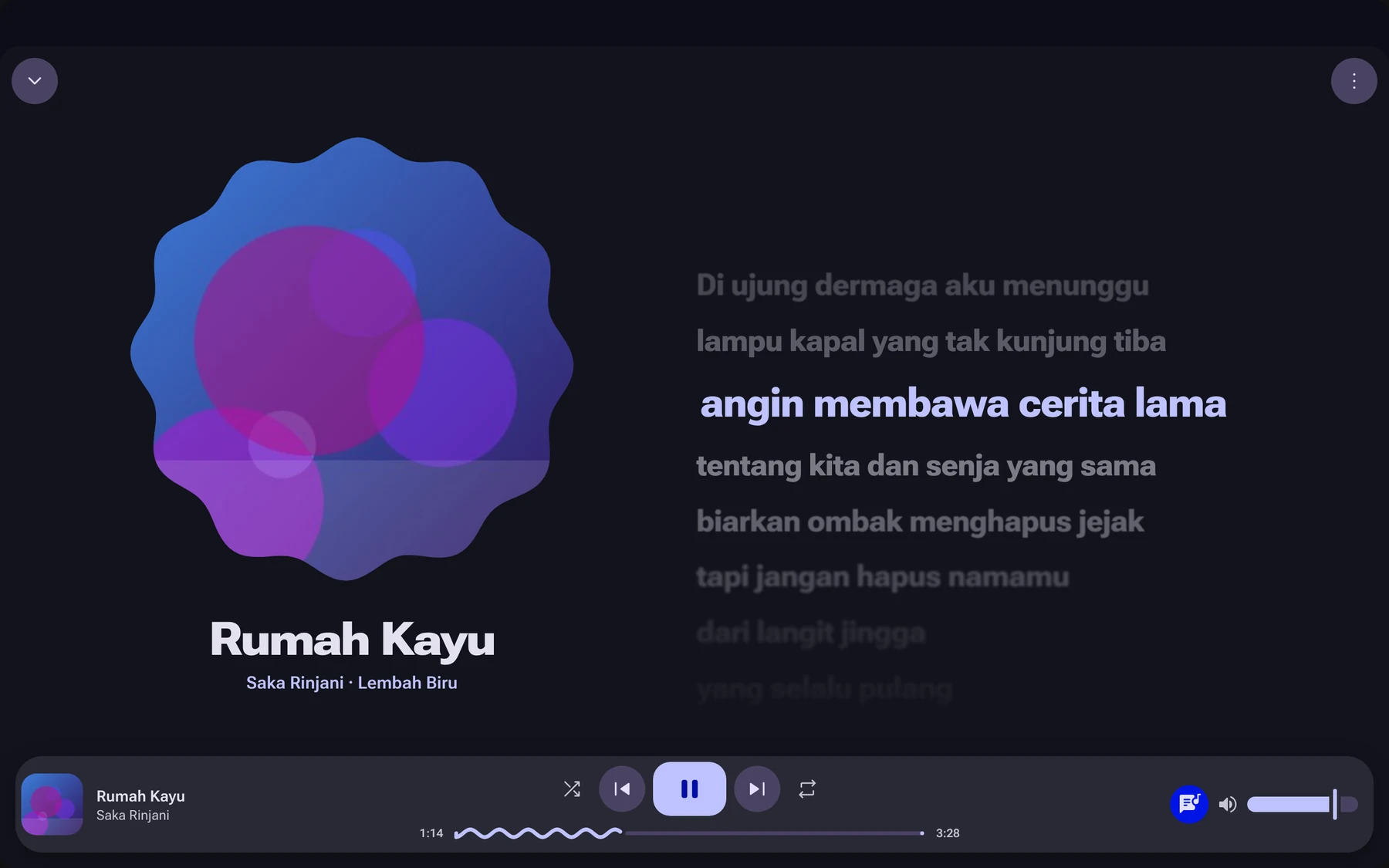 Now playing with synced lyrics, the interface tinted from the cover art